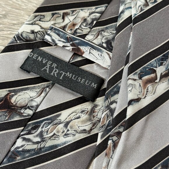 Denver Art Museum 100% Silk Mens Tie, Gray Striped Pattern with Horses - Picture 3 of 4